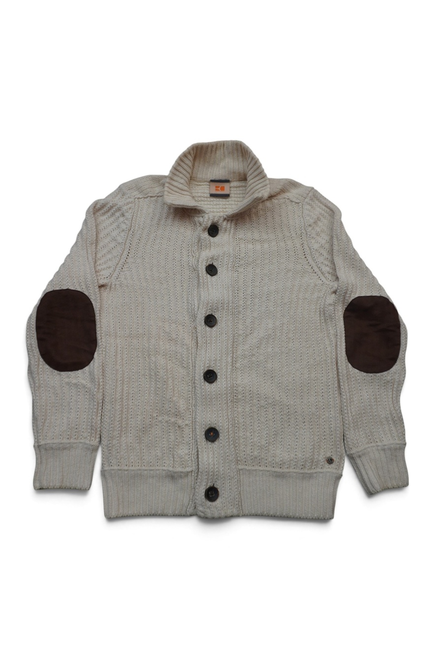Hugo Boss Orange Mens Sweater M Cream Cable Knit Shawl Collar Elbow Patches